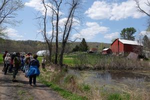 Hikers overlooking pond behind barn