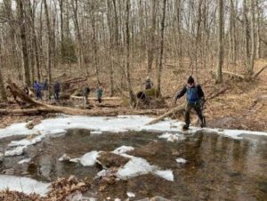 Photograph of a hiker crossing a stream on stepping stones