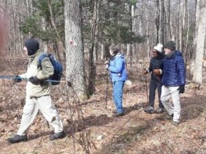 Photograph of four hikers walking the path in the woods