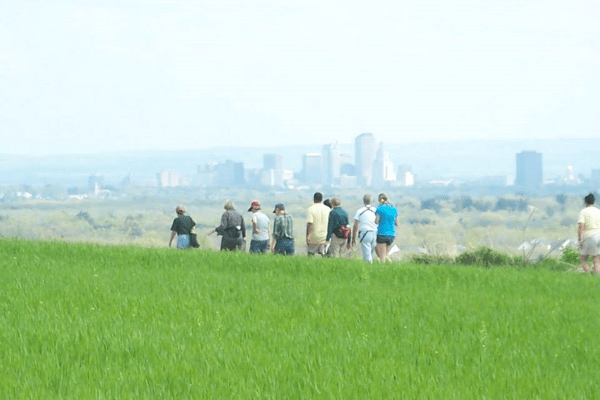 Single file line of hikers in profile walk across meadow with the Hartford city skyline visible in the distance